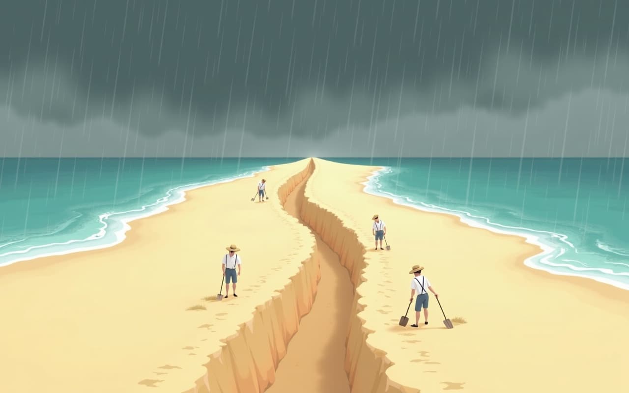 Illustration of four men in 1920s workwear digging a trench in sand during a heavy rainstorm