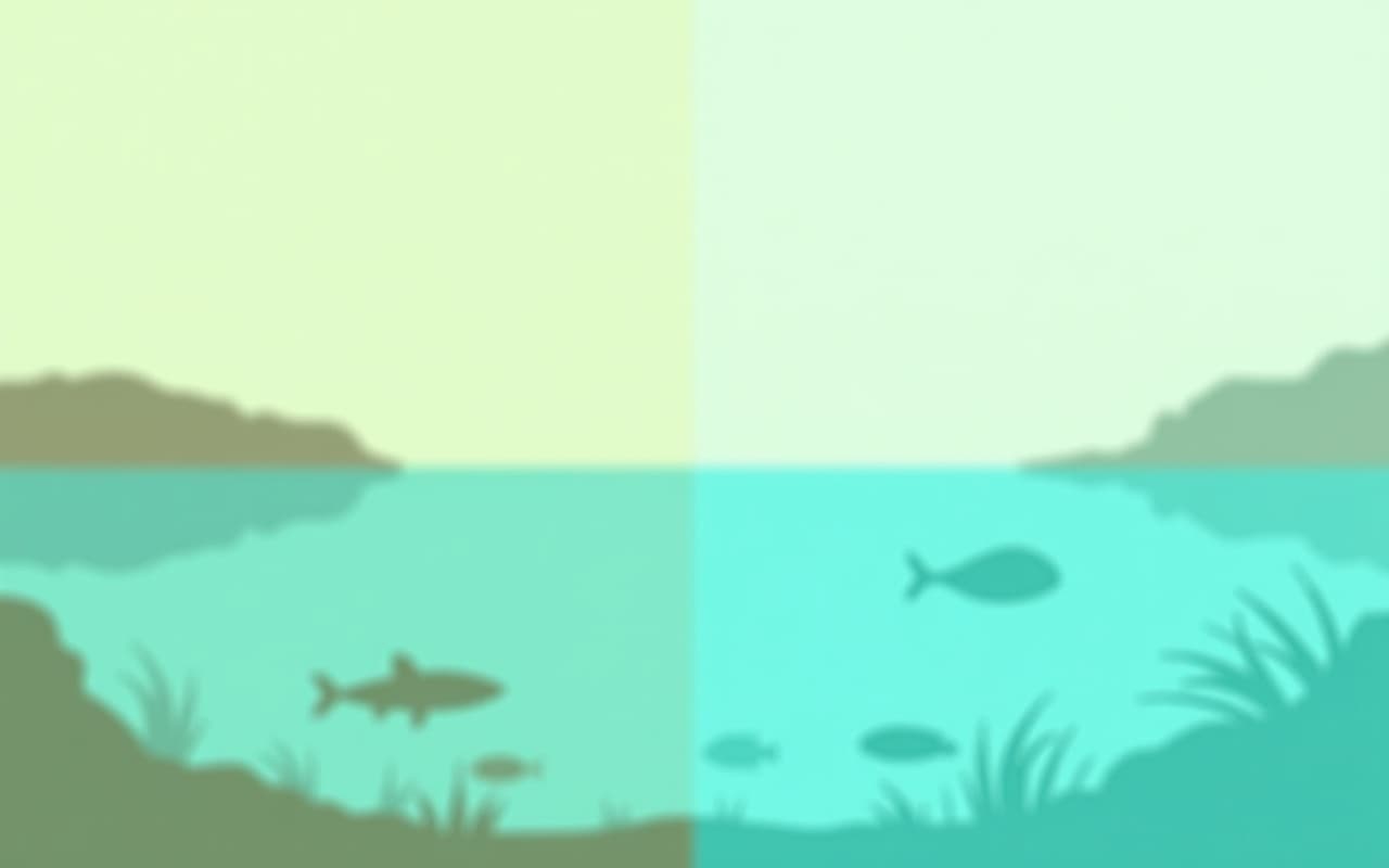 Split illustration showing freshwater bay ecosystem transforming to a brackish saltwater environment
